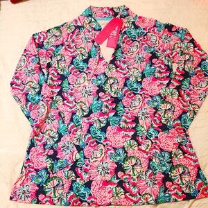 Lilly Pulitzer Cassi Popover Kangaroo Pouch Drawstring Neck Navy Coral Women's M